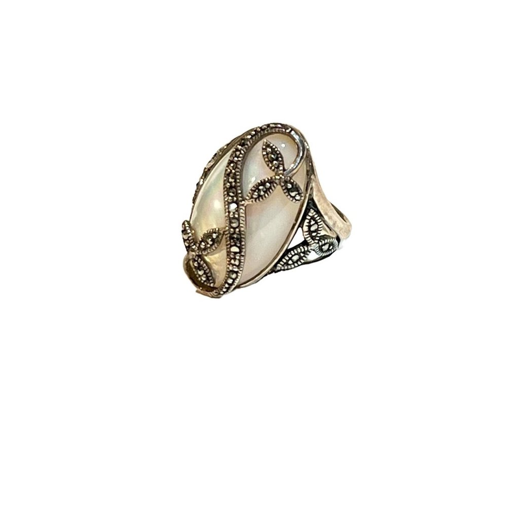 Marcasite Stones and Mother of Pearl Silver Ring Semi Precious Jewelry NF 925